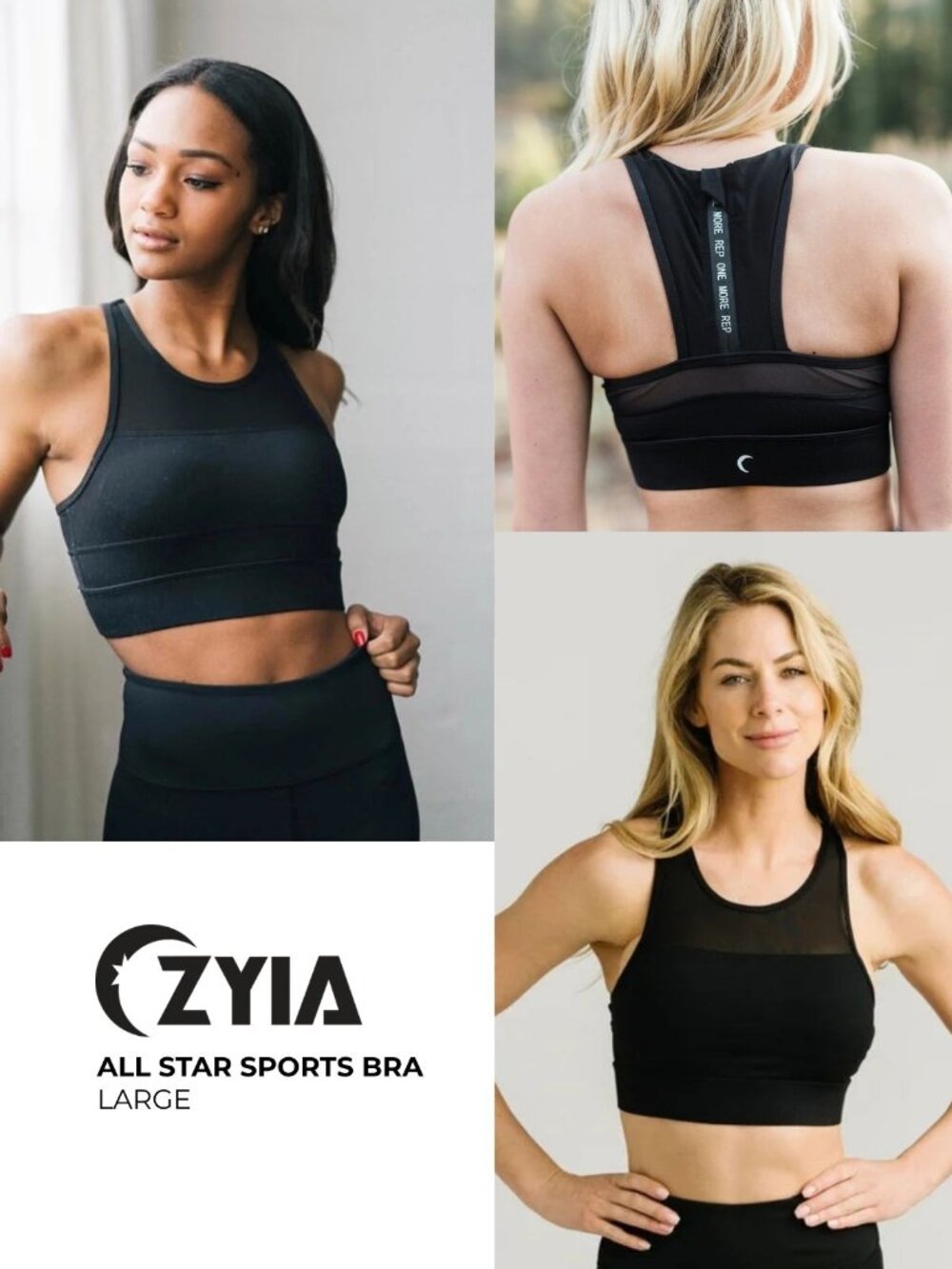 Zyia All Star High-Impact Sports Bra | Large | Black | Zip Back